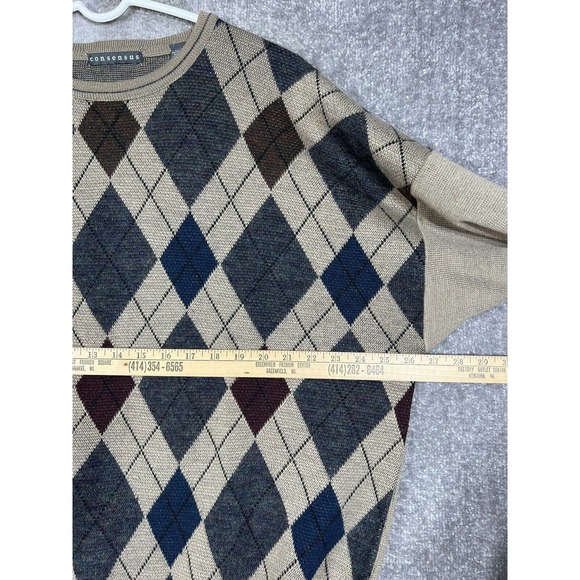 Consensus Merino Wool Blend Italy Argyle Knit Sweater Mens Size XL Tan Pullover - Picture 14 of 15